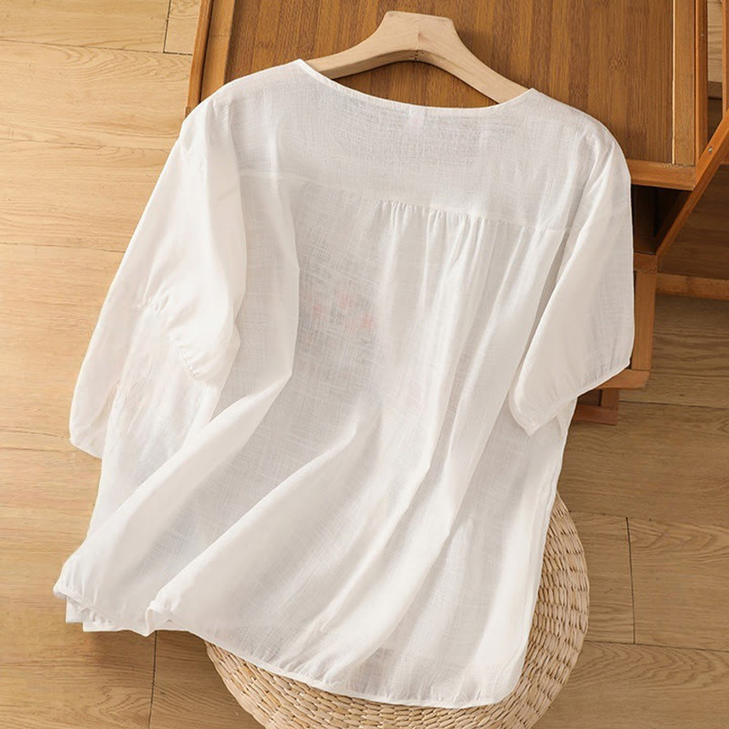 Buddha Stones Vintage Asymmetrical Embroidery Flower Plant Pattern Women's Cotton Linen Short Sleeve Jacket Shirt - image 23