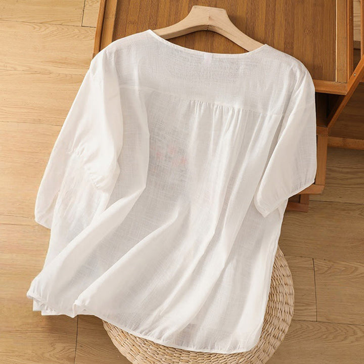 Buddha Stones Vintage Asymmetrical Embroidery Flower Plant Pattern Women's Cotton Linen Short Sleeve Jacket Shirt - image 23