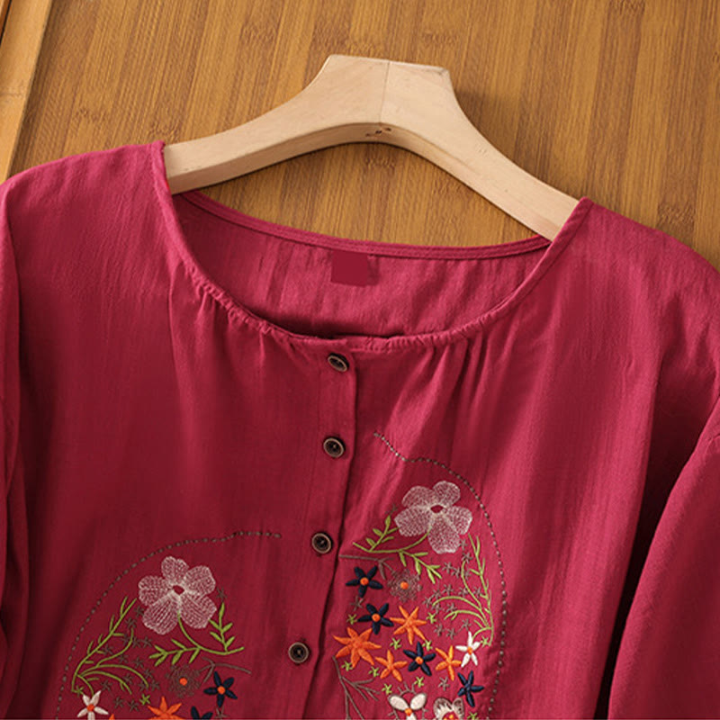 Buddha Stones Vintage Asymmetrical Embroidery Flower Plant Pattern Women's Cotton Linen Short Sleeve Jacket Shirt - image 9