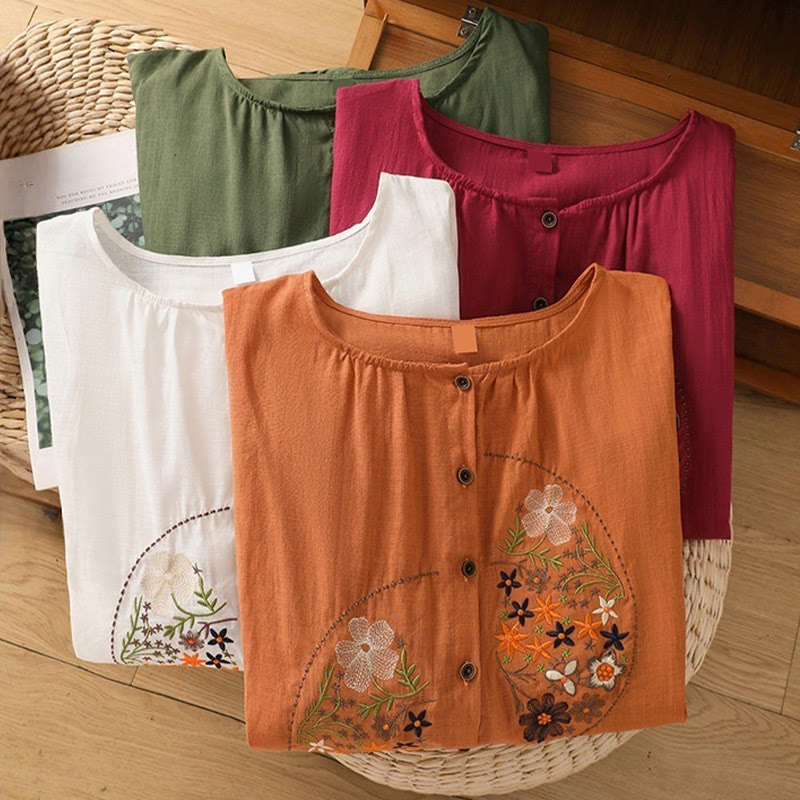 Buddha Stones Vintage Asymmetrical Embroidery Flower Plant Pattern Women's Cotton Linen Short Sleeve Jacket Shirt - image 30