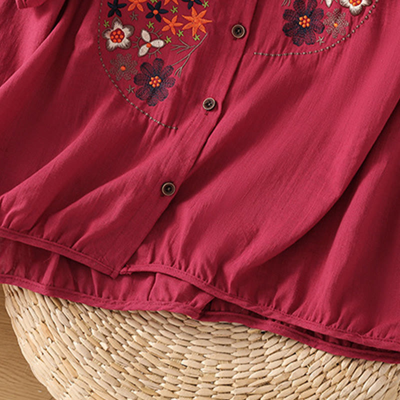 Buddha Stones Vintage Asymmetrical Embroidery Flower Plant Pattern Women's Cotton Linen Short Sleeve Jacket Shirt - image 13