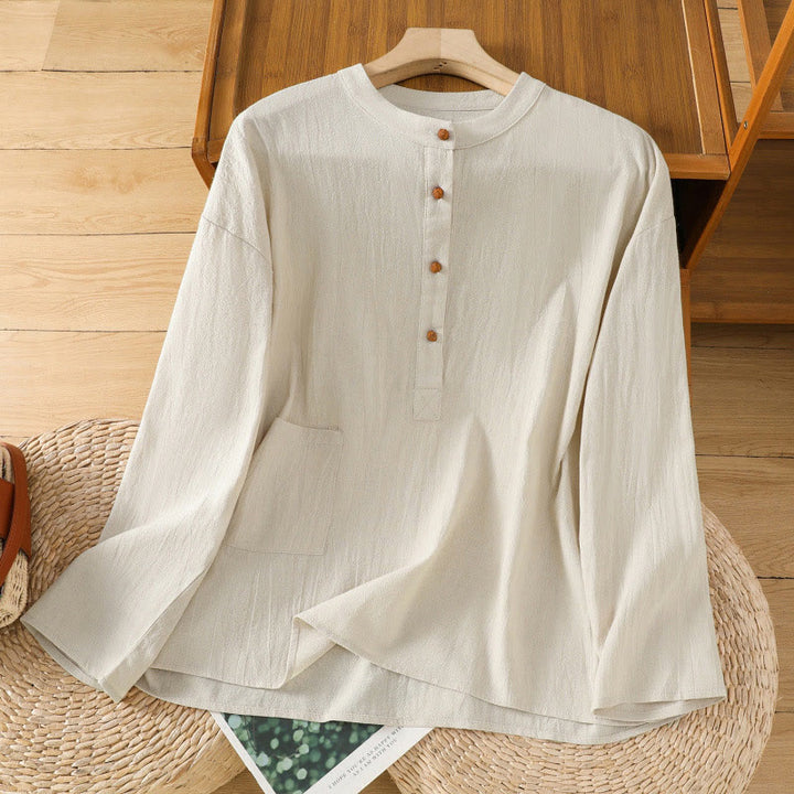 Buddha Stones Summer Casual Pure Color Half Button Simple Design Women's Cotton Linen Half Sleeve Shirt With Pocket - LightYellow - US12，UK/AU16，EU44 (2XL) - image 0
