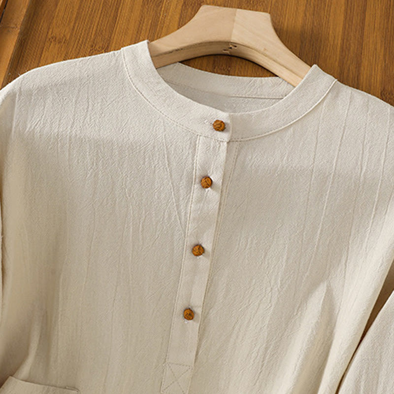 Buddha Stones Summer Casual Pure Color Half Button Simple Design Women's Cotton Linen Half Sleeve Shirt With Pocket - image 1