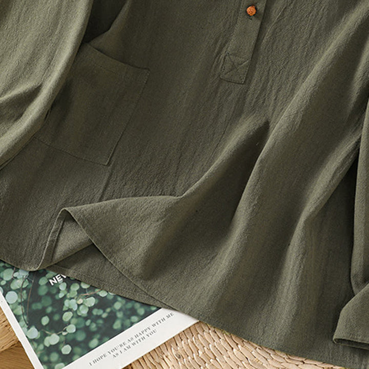 Buddha Stones Summer Casual Pure Color Half Button Simple Design Women's Cotton Linen Half Sleeve Shirt With Pocket - image 10