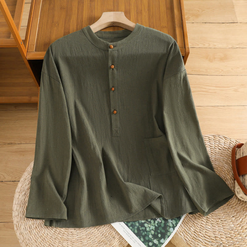 Buddha Stones Summer Casual Pure Color Half Button Simple Design Women's Cotton Linen Half Sleeve Shirt With Pocket - image 7