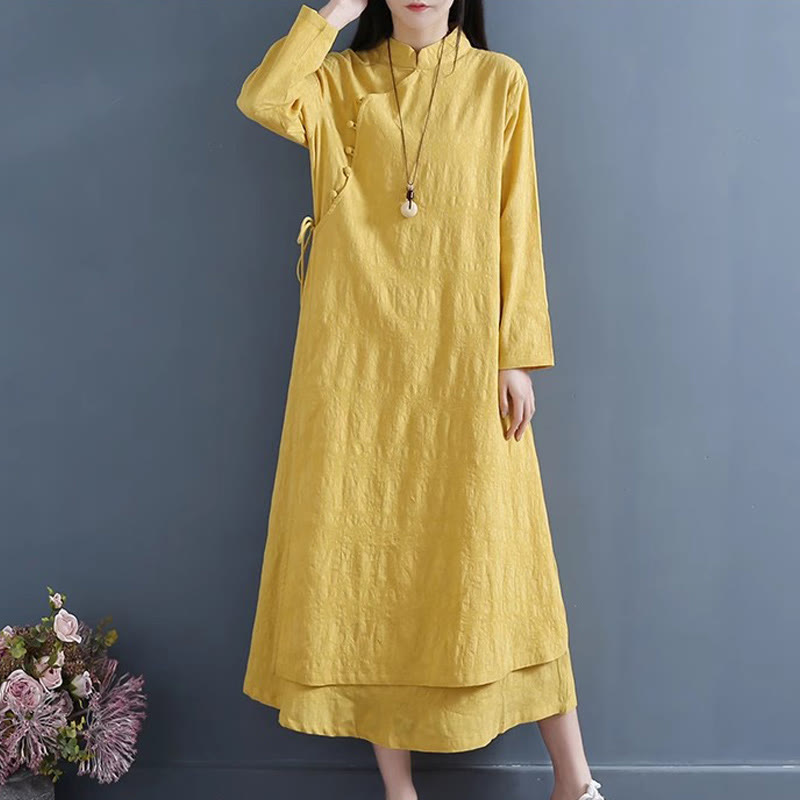 Buddha Stones Spring Casual Plain Frog-Button Design Side Lace-Up Cotton Linen Midi Dress - image 4