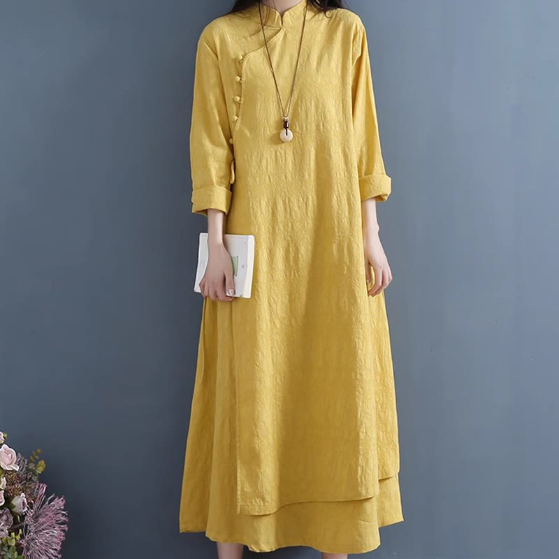 Buddha Stones Spring Casual Plain Frog-Button Design Side Lace-Up Cotton Linen Midi Dress - image 6