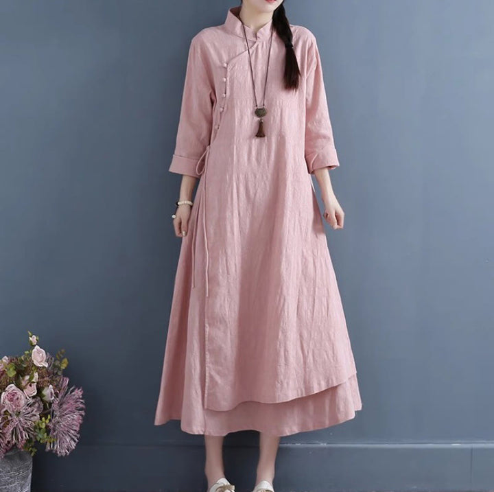 Buddha Stones Spring Casual Plain Frog-Button Design Side Lace-Up Cotton Linen Midi Dress - LightPink - US8-10，UK/AU12-14，EU40-42 (2XL) - image 15