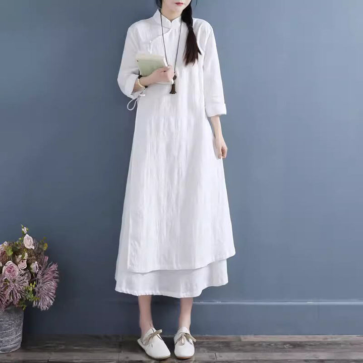 Buddha Stones Spring Casual Plain Frog-Button Design Side Lace-Up Midi Dress - image 2