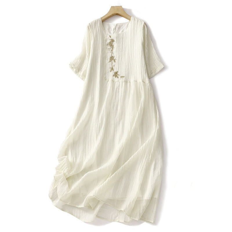 Buddha Stones Summer Casual Plain Embroidery Double Layer Short Sleeve Cotton Linen Midi Dress - LightYellow - US8-10，UK/AU12-14，EU40-42 (2XL) - image 10