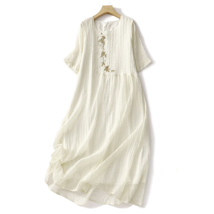 Buddha Stones Summer Casual Plain Embroidery Double Layer Short Sleeve Cotton Linen Midi Dress - LightYellow - US8-10，UK/AU12-14，EU40-42 (2XL) - image 9