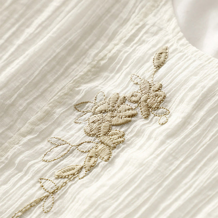 Buddha Stones Summer Casual Plain Embroidery Double Layer Short Sleeve Cotton Linen Midi Dress - image 12