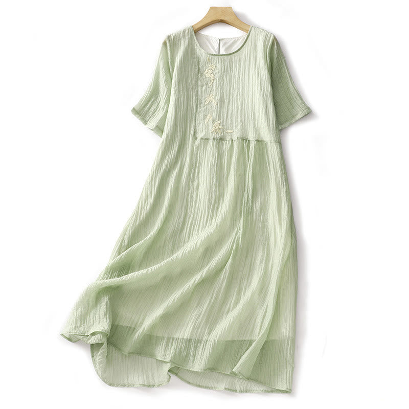 Buddha Stones Summer Casual Plain Embroidery Double Layer Short Sleeve Cotton Linen Midi Dress - PaleGreen - US8-10，UK/AU12-14，EU40-42 (2XL) - image 0