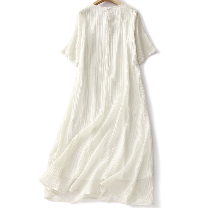 Buddha Stones Summer Casual Plain Embroidery Double Layer Short Sleeve Cotton Linen Midi Dress - image 10