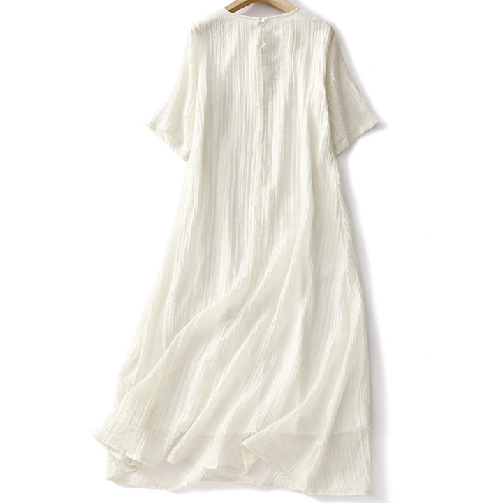 Buddha Stones Summer Casual Plain Embroidery Double Layer Short Sleeve Cotton Linen Midi Dress - image 10
