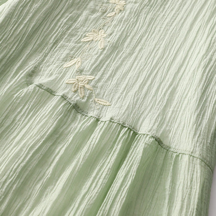 Buddha Stones Summer Casual Plain Embroidery Double Layer Short Sleeve Cotton Linen Midi Dress - image 3