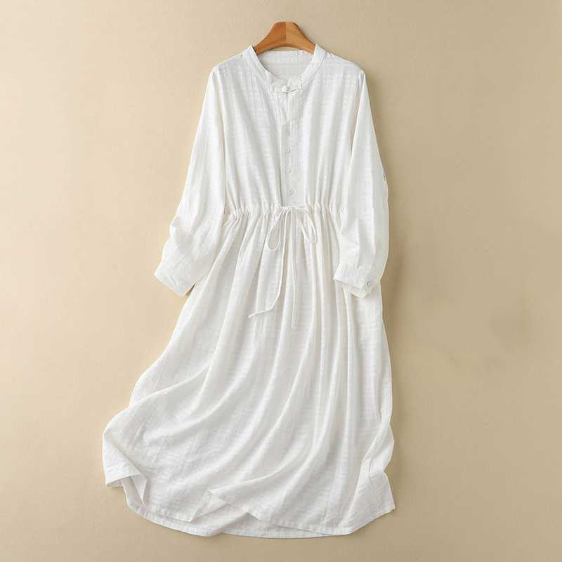 Buddha Stones Retro Solid Color Drawstring Frog-Button Design Long Sleeve Cotton Linen Midi Dress With Pockets - White - US8-10，UK/AU12-14，EU40-42 (2XL) - image 6