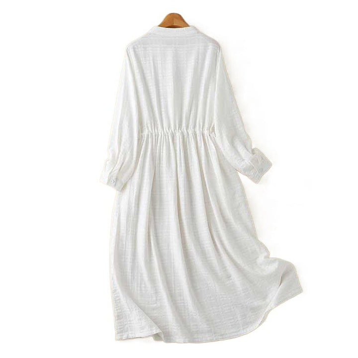 Buddha Stones Retro Solid Color Drawstring Frog-Button Design Long Sleeve Cotton Linen Midi Dress With Pockets - image 18