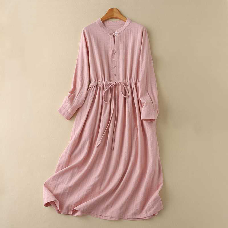 Buddha Stones Retro Solid Color Drawstring Frog-Button Design Long Sleeve Cotton Linen Midi Dress With Pockets - Salmon - US8-10，UK/AU12-14，EU40-42 (2XL) - image 19