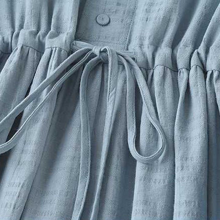 Buddha Stones Retro Solid Color Drawstring Frog-Button Design Long Sleeve Cotton Linen Midi Dress With Pockets - image 4