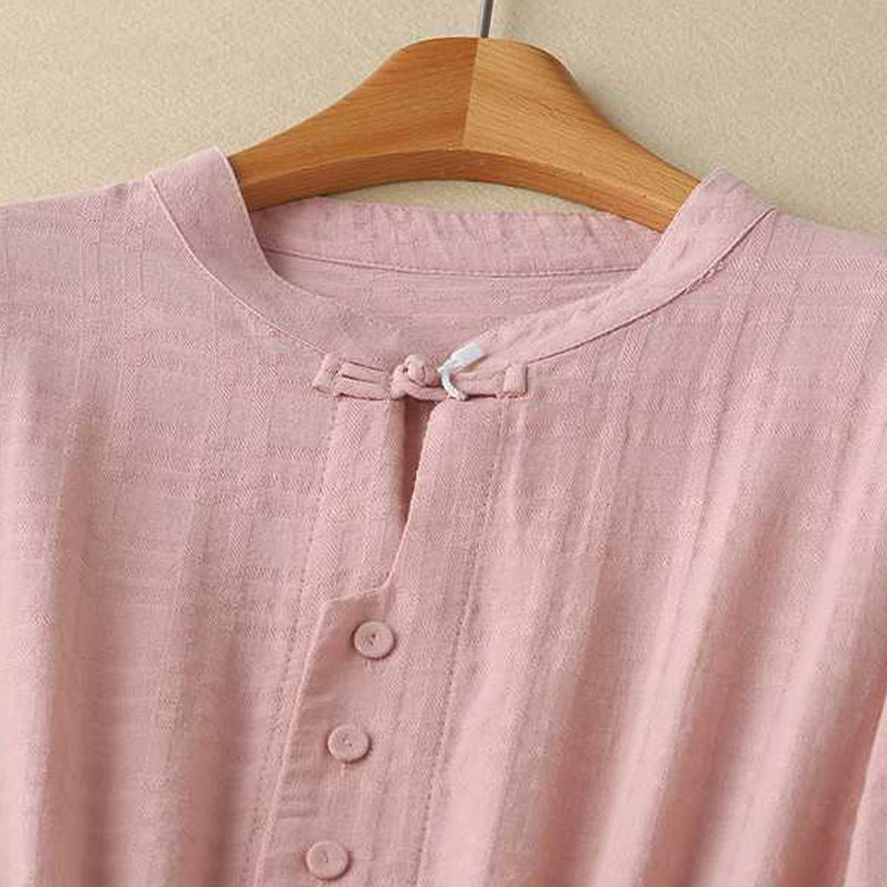 Buddha Stones Retro Solid Color Drawstring Frog-Button Design Long Sleeve Cotton Linen Midi Dress With Pockets - image 20