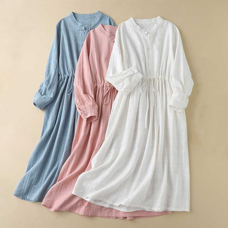 Buddha Stones Retro Solid Color Drawstring Frog-Button Design Long Sleeve Cotton Linen Midi Dress With Pockets - image 25