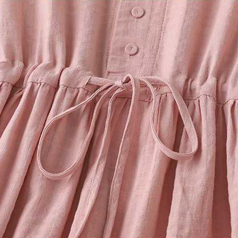 Buddha Stones Retro Solid Color Drawstring Frog-Button Design Long Sleeve Cotton Linen Midi Dress With Pockets - image 23