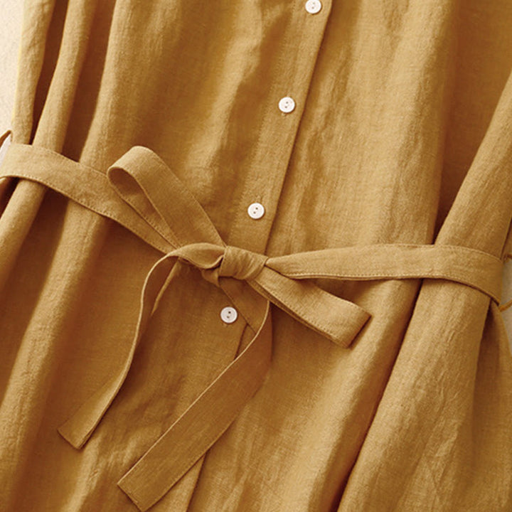 Buddha Stones Summer Plain Lace-up Button Front Design Lapel Sleeveless Cotton Midi Dress Cardigan - image 3