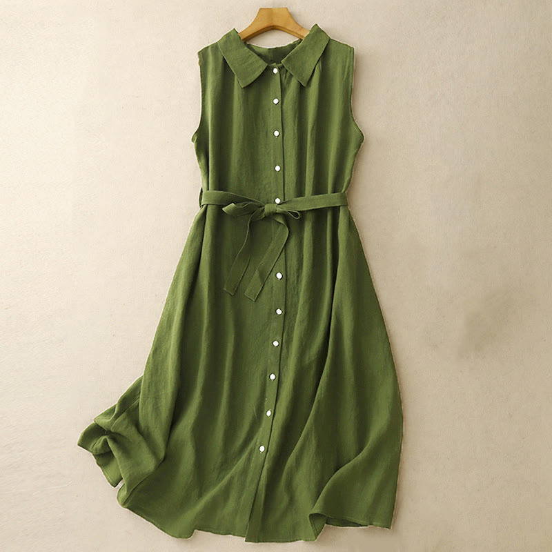 Buddha Stones Summer Plain Lace-up Button Front Design Lapel Sleeveless Cotton Midi Dress Cardigan - ForestGreen - US12，UK/AU16，EU44 (2XL) - image 8