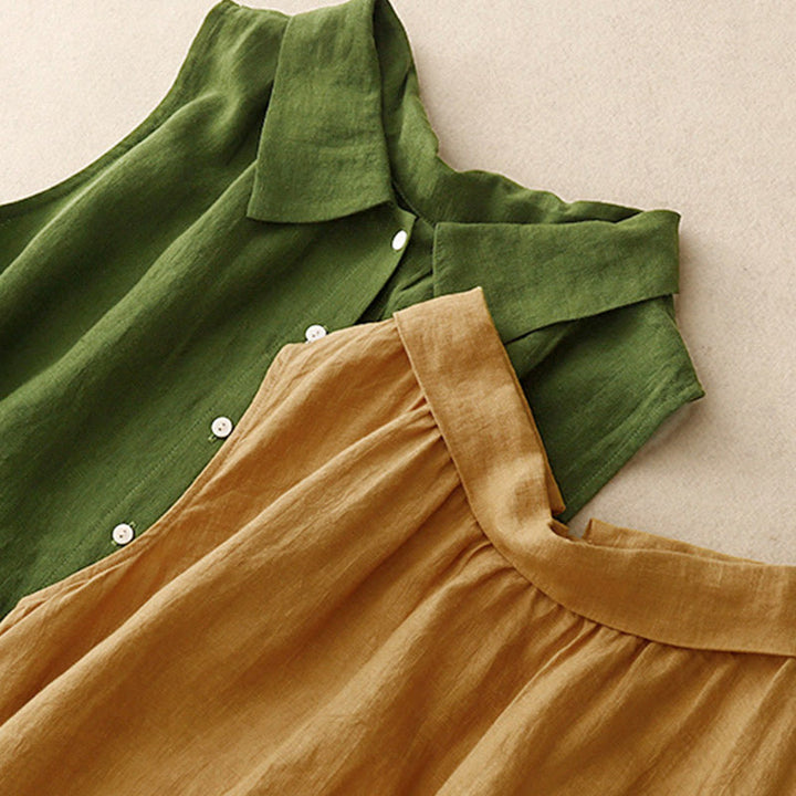 Buddha Stones Summer Plain Lace-up Button Front Design Lapel Sleeveless Cotton Midi Dress Cardigan - image 15