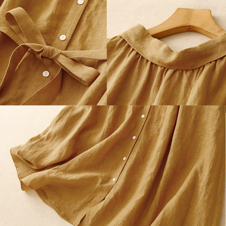 Buddha Stones Summer Plain Lace-up Button Front Design Lapel Sleeveless Cotton Midi Dress Cardigan - image 7