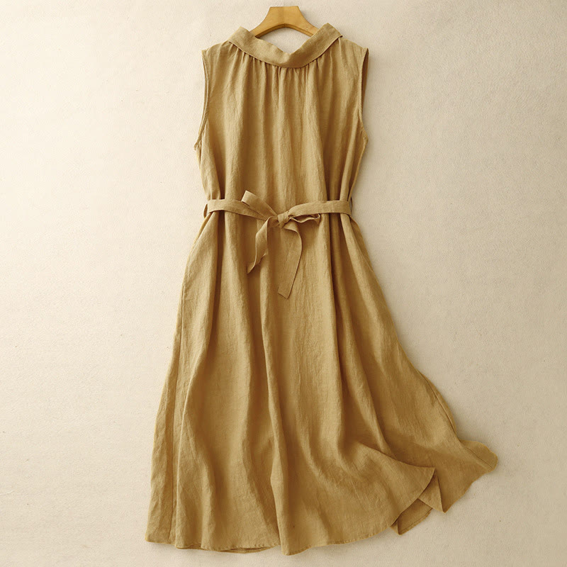 Buddha Stones Summer Plain Lace-up Button Front Design Lapel Sleeveless Cotton Midi Dress - image 1