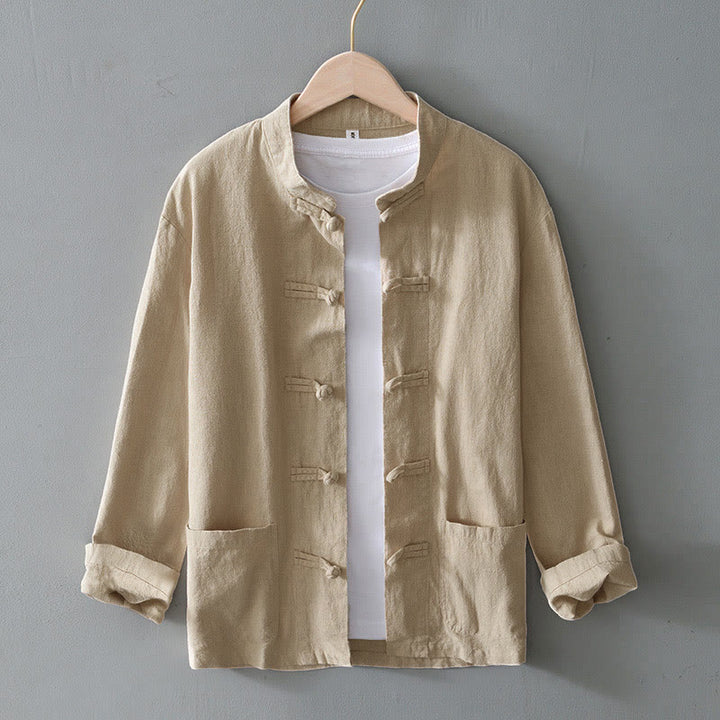 Buddha Stones Frog-Button Chinese Tang Suit Cotton Linen Men Jacket Shirt With Pockets - Beige - US/UK/AU50，EU60 (5XL) - image 23