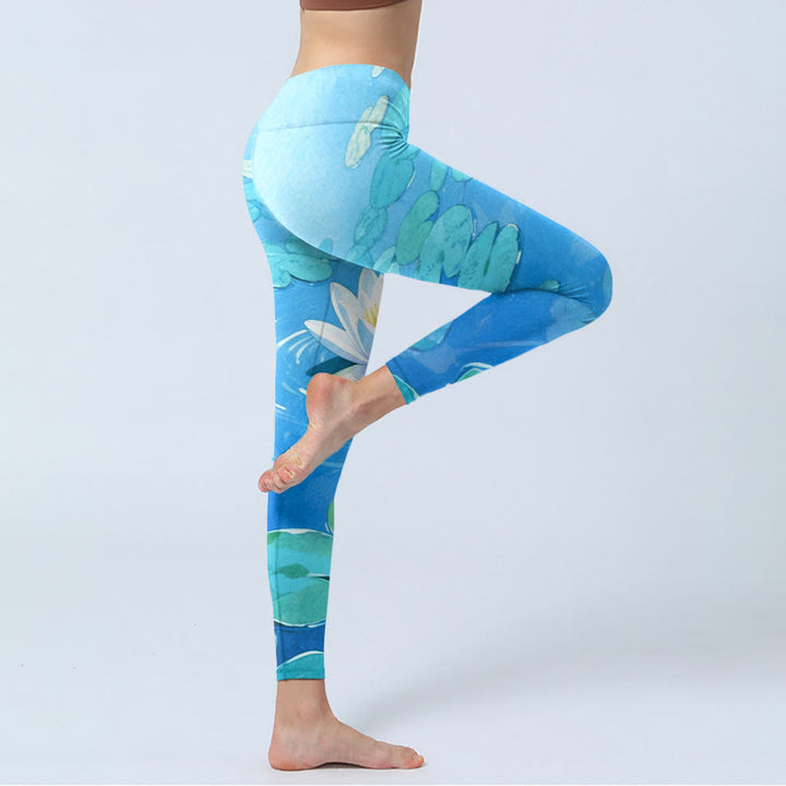 Buddha Stones White Lotus Flower Green Lotus Leaves Pattern Print Gym Leggings Women's Yoga Pants - image 4