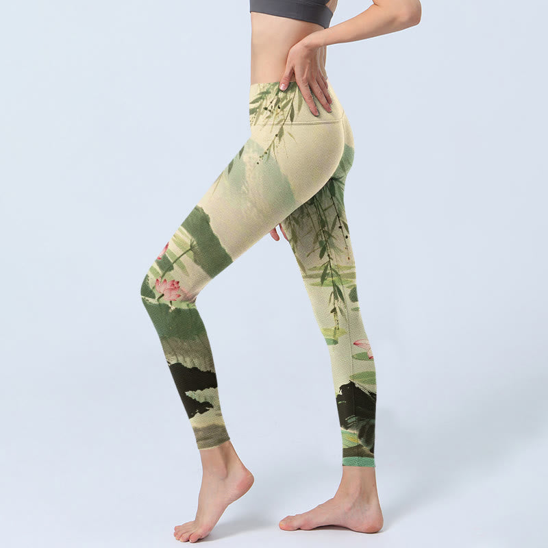Buddha Stones Pink Lotus Flower Lotus Leaves Willow Branch Pattern Print Gym Leggings Women's Yoga Pants - image 2