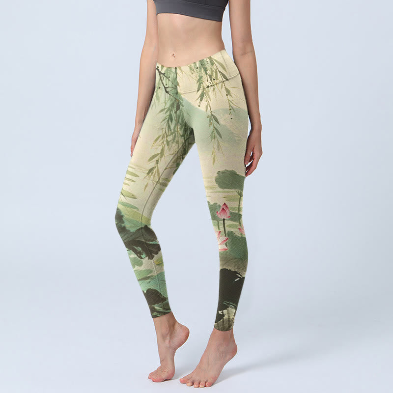 Buddha Stones Pink Lotus Flower Lotus Leaves Willow Branch Pattern Print Gym Leggings Women's Yoga Pants - SeaGreen - US18，UK/AU22，EU50 (4XL) - image 0