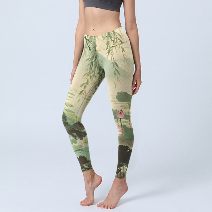 Buddha Stones Pink Lotus Flower Lotus Leaves Willow Branch Pattern Print Gym Leggings Women's Yoga Pants - SeaGreen - US18，UK/AU22，EU50 (4XL) - image 0