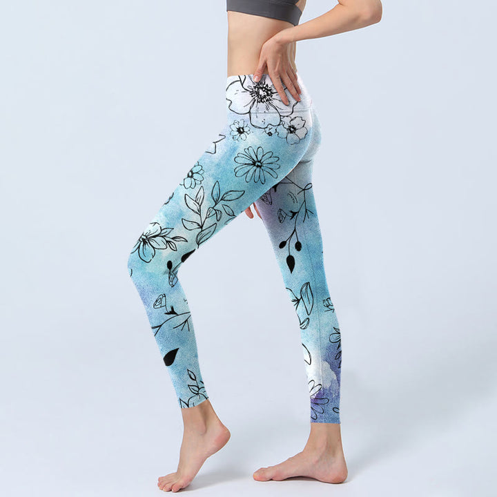 Buddha Stones Black Line-Drawn Flower Leaves Pattern Print Gym Leggings Women's Yoga Pants - image 2