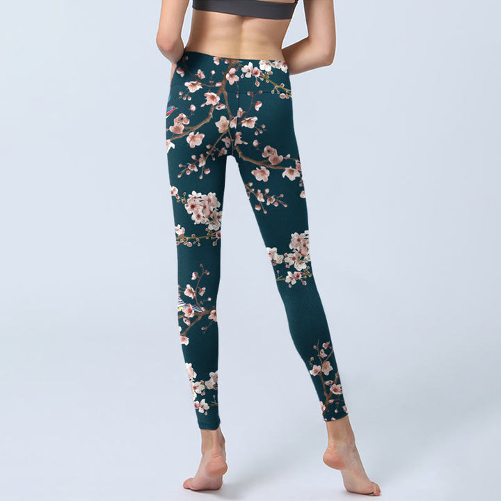 Buddha Stones Sparrow Swallow Peach Blossom Pattern Print Gym Leggings Women's Yoga Pants - image 6