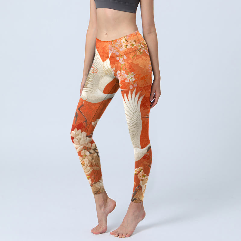 Buddha Stones Red-Crowned Crane Cherry Blossom Lotus Flower Pattern Print Gym Leggings Women's Yoga Pants - OrangeRed - US18，UK/AU22，EU50 (4XL) - image 0