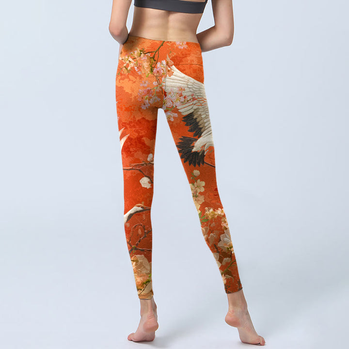 Buddha Stones Red-Crowned Crane Cherry Blossom Lotus Flower Pattern Print Gym Leggings Women's Yoga Pants - image 3