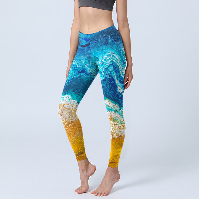 Buddha Stones Ocean Wave Golden Shore Pattern Print Gym Leggings Women's Yoga Pants - MediumBlue - US18，UK/AU22，EU50 (4XL) - image 0