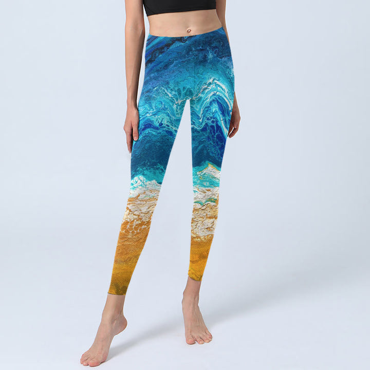 Buddha Stones Ocean Wave Golden Shore Pattern Print Gym Leggings Women's Yoga Pants - image 5