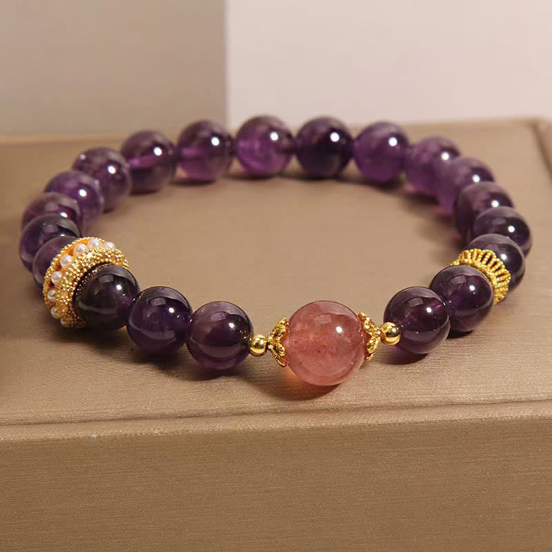 Buddha Stones Natural Amethyst Lucky Strawberry Quartz Beads Peace Bracelet