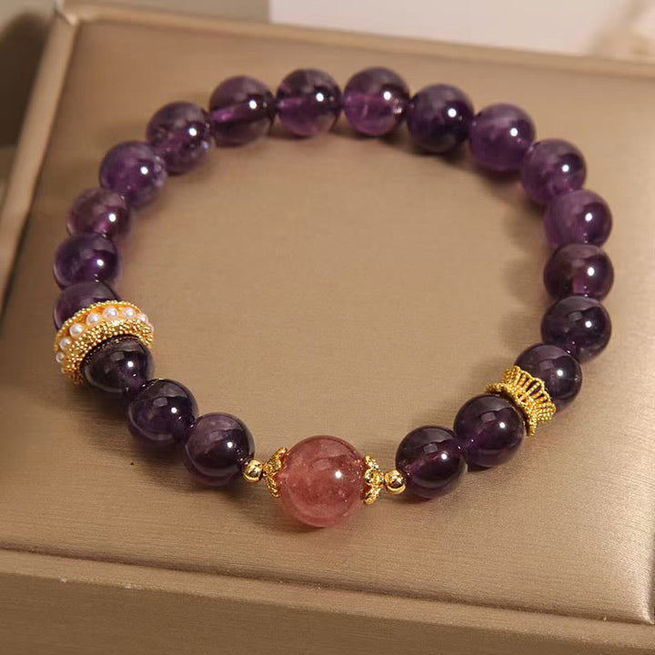 Buddha Stones Natural Amethyst Lucky Strawberry Quartz Beads Peace Bracelet