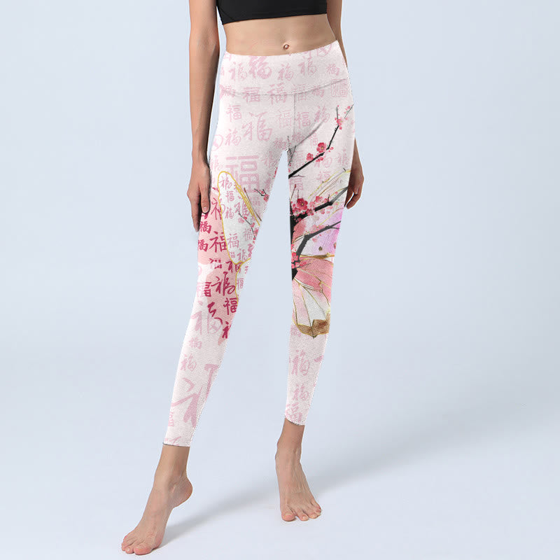 Buddha Stones Butterfly Plum Blossom Fu Character Pattern Print Gym Leggings Women's Yoga Pants - image 5