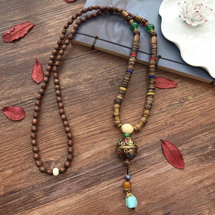 Buddha Stones Tibetan Handmade Coconut Shell Schima Wood Great Bright Mantra Copper Bead Balance Necklace Pendant