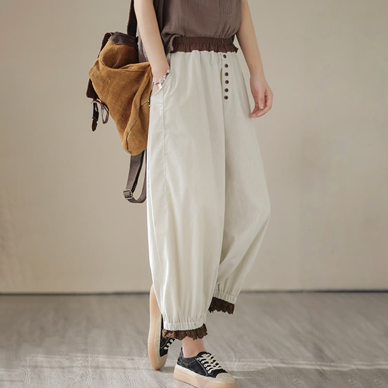 Buddha Stones Casual Spring Solid Color Patchwork Design Women's Cotton Linen Elastic Waistband Harem Pants With Pockets