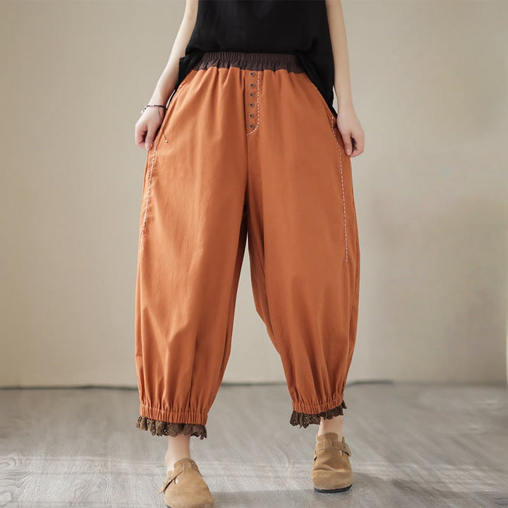 Buddha Stones Casual Spring Solid Color Patchwork Design Women's Cotton Linen Elastic Waistband Harem Pants With Pockets