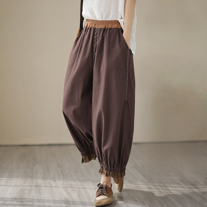 Buddha Stones Casual Spring Solid Color Patchwork Design Women's Cotton Linen Elastic Waistband Harem Pants With Pockets - SaddleBrown - US8-10，UK/AU12-14，EU40-42 (2XL) - image 17